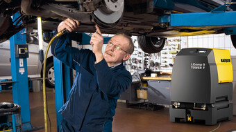 Batna kompresorska postaja i.Comp 9 z integriranim hladilnim sušilnikom je idealna za proizvodnjo stisnjenega zraka za avtomobilsko delavnico.